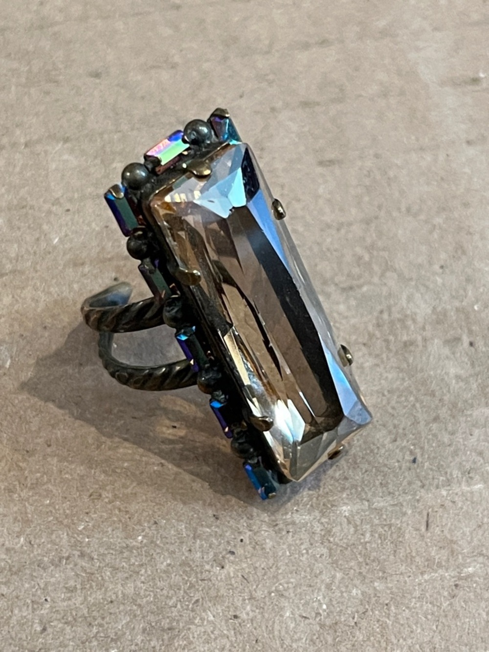 Sorelli signed Smoky Crystal Rectangular Statement Ring - Women Jewelry Sz 8